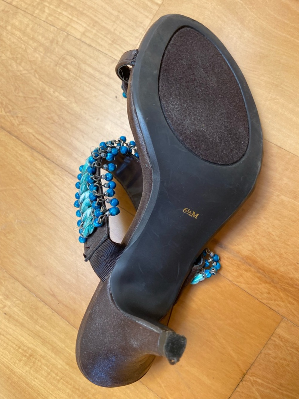 Dark Brown Heeled Sandals with Turquoise Bead Embellishment - Picture 4 of 4